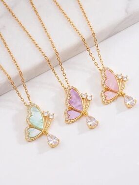 Gold Butterfly Pendant Necklace in Pink, Purple or Green - Elegant Inlay